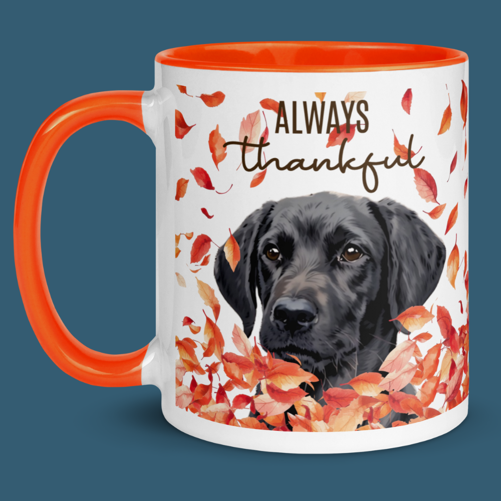 Custom white ceramic mug for dog lovers with red handle and personalized dog portrait, cozy autumn leaves, "Always Thankful"