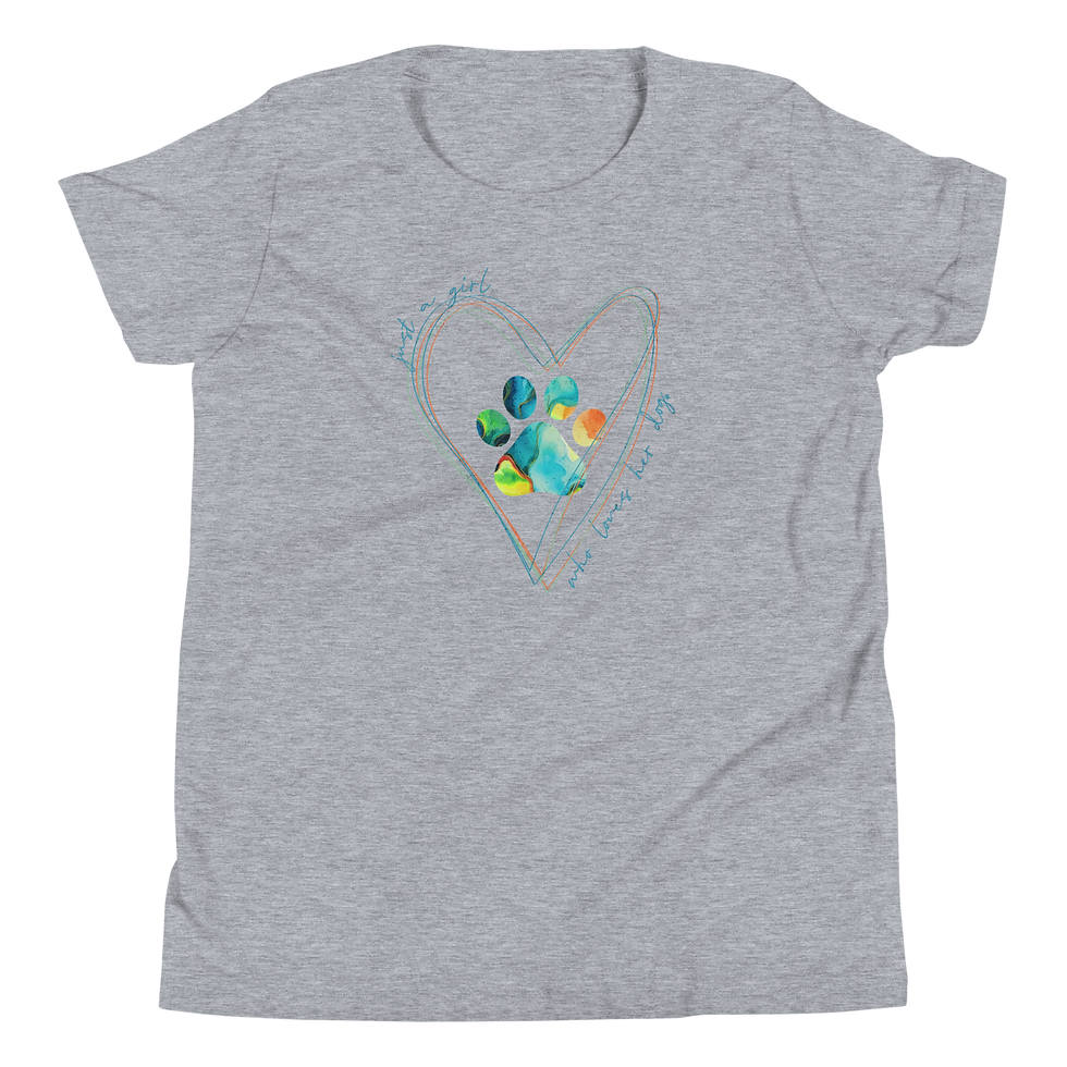 Thumbnail: Athletic heather youth t-shirt with colorful watercolor paw print surrounded by hearts with ‘just a girl who loves her dog’