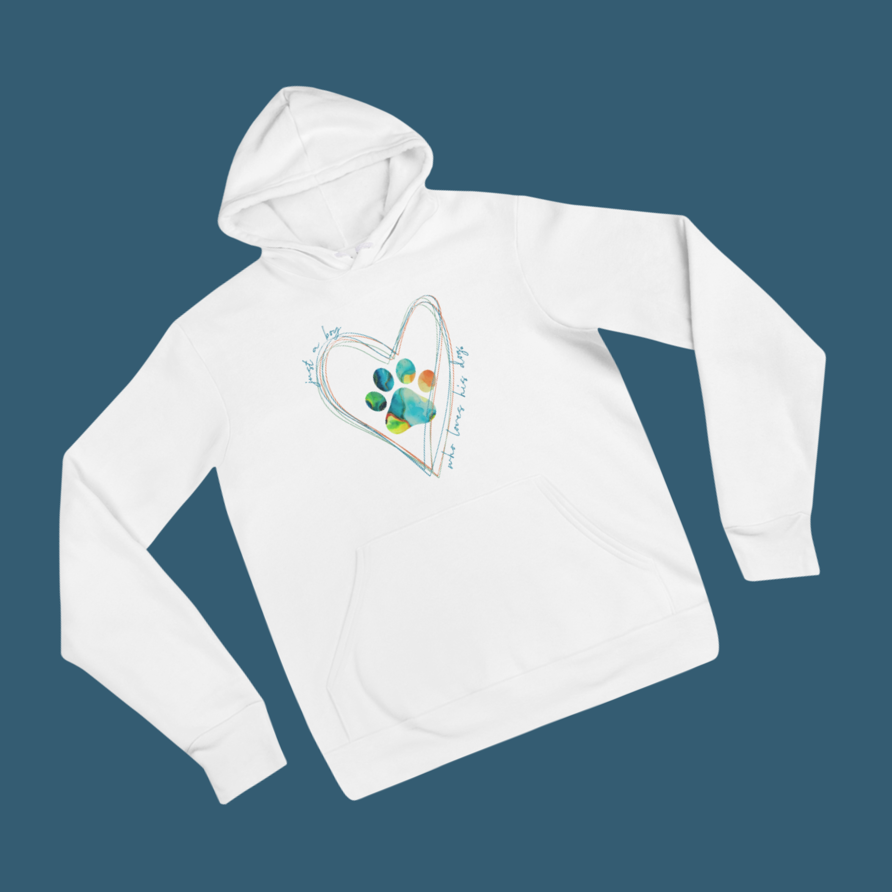 White hoodie with colorful watercolor paw print surrounded by hearts with ‘just a boy who loves his dog’ text