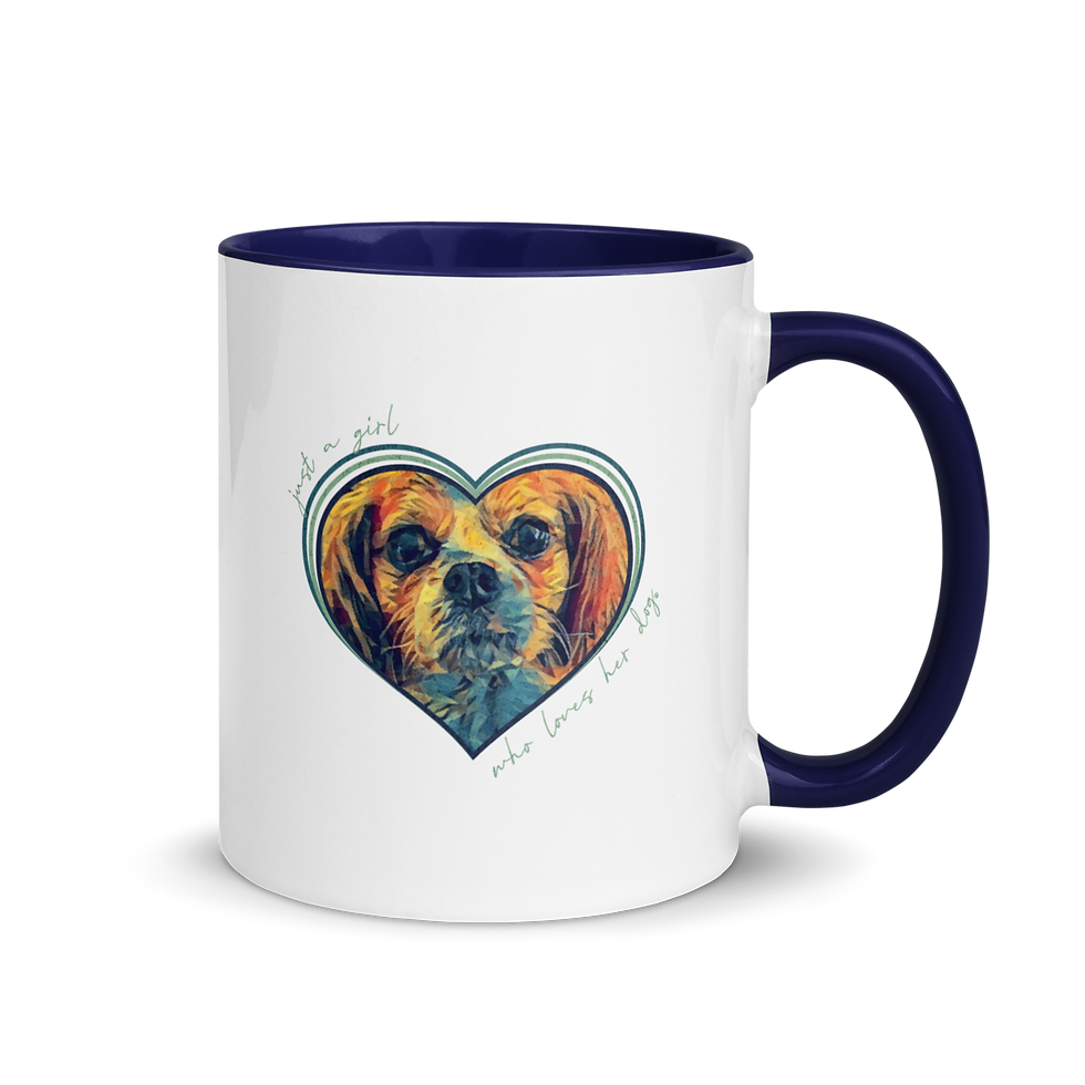 Thumbnail: Custom white ceramic mug with dark blue handle with personalized pet illustration of dog inside a heart in blue and green