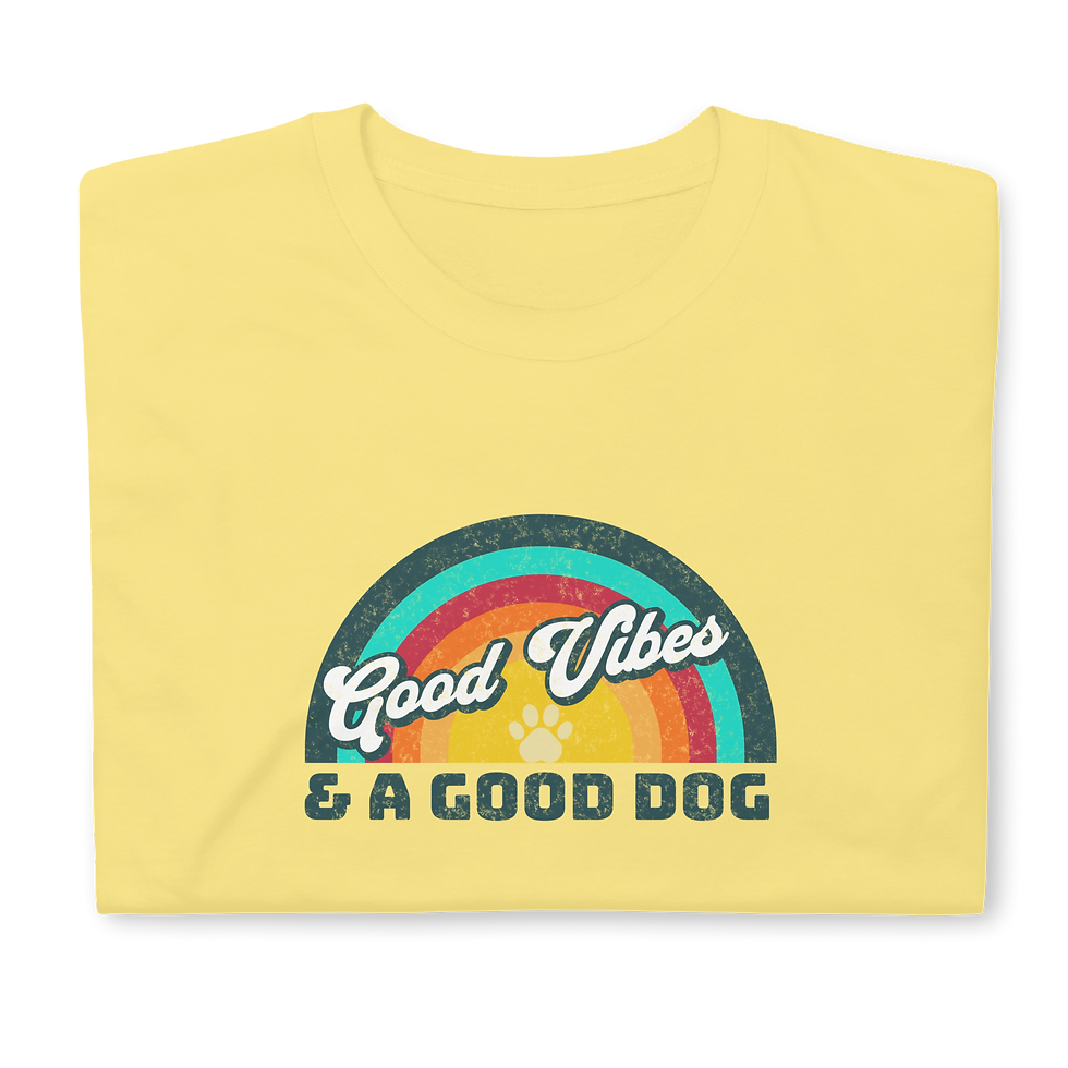 Thumbnail: Cornsilk t-shirt with stylized retro sunset graphic featuring a paw print and dog-themed wording