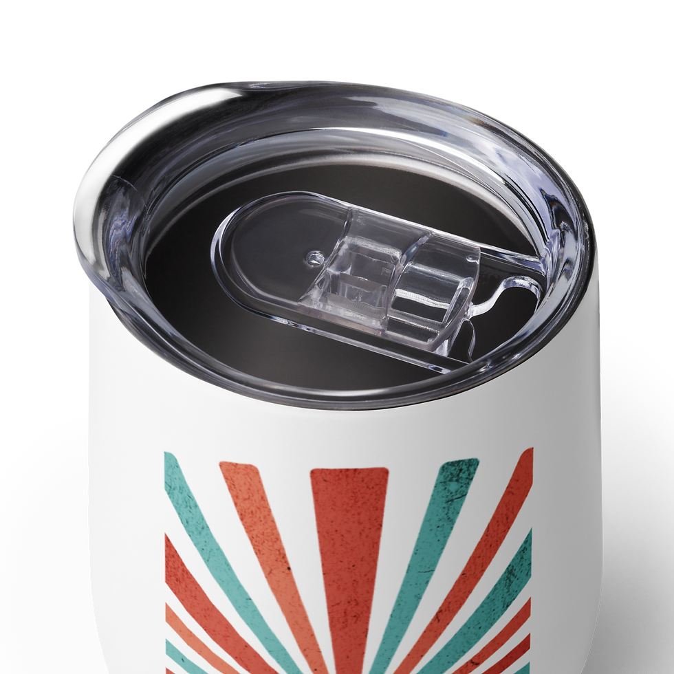 Thumbnail: Close-up of lid and white stainless steel wine tumbler with stylized sunburst graphic featuring a paw print