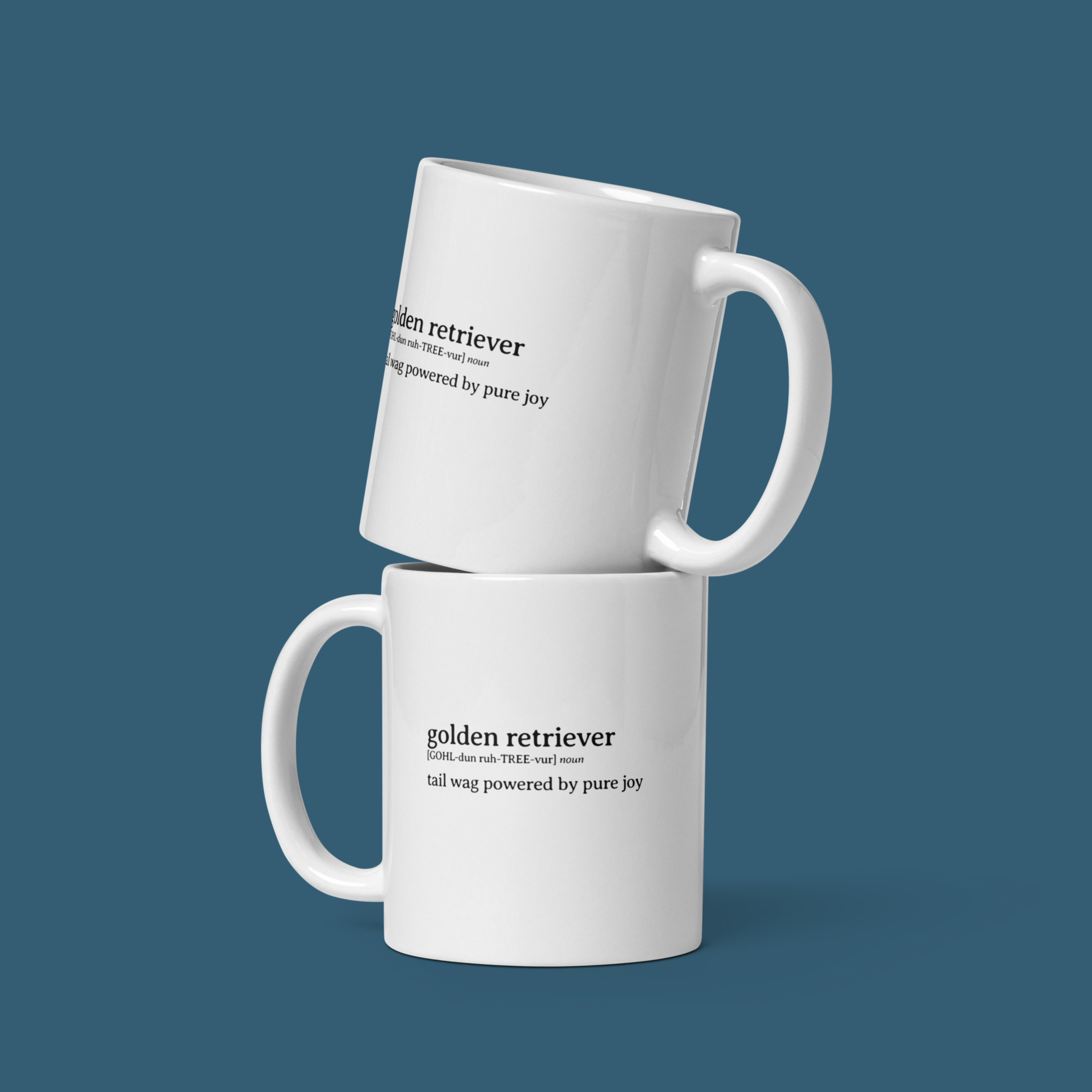 2 stacked white ceramic mugs with funny definition of a golden retriever in a classic dictionary format