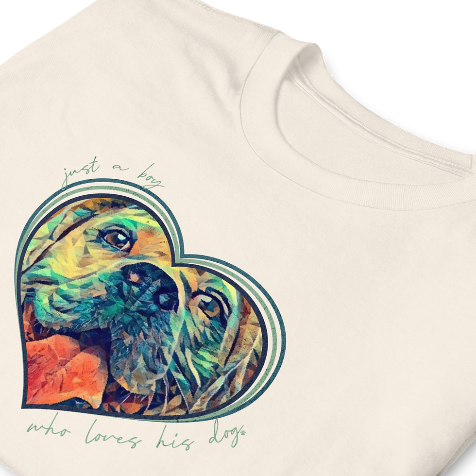 Thumbnail: Folded close-up of natural custom t-shirt with personalized pet illustration of dog inside a heart in blue and green tones