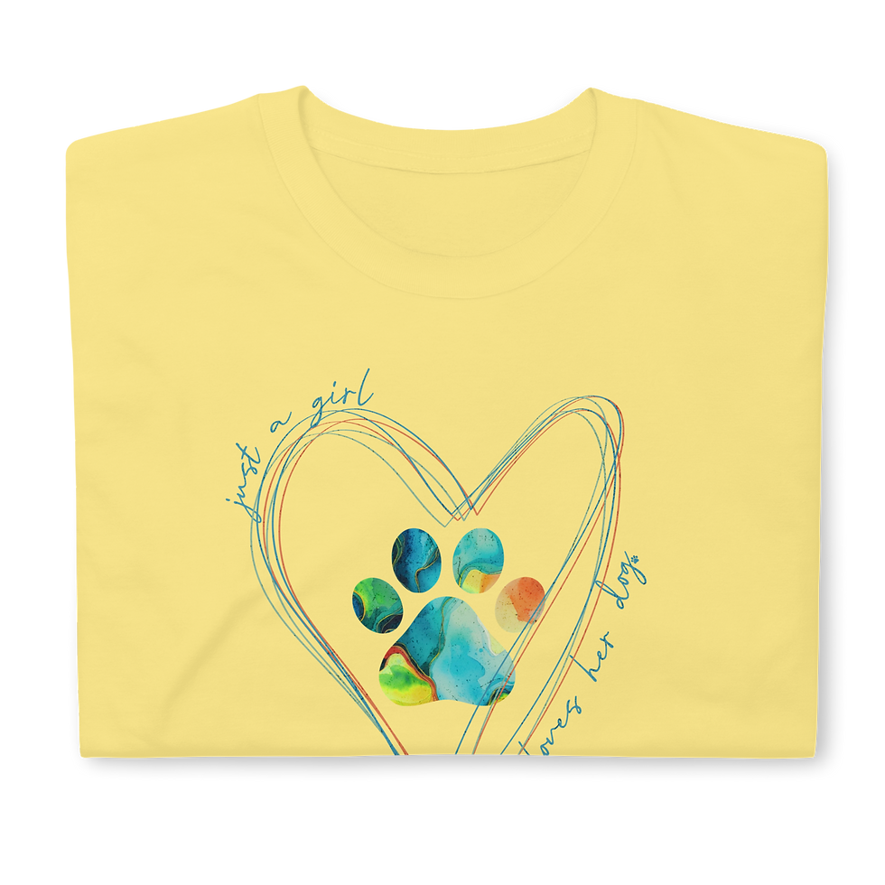 Thumbnail: Cornsilk t-shirt with colorful watercolor paw print surrounded by hearts with ‘just a girl who loves her dog’ text
