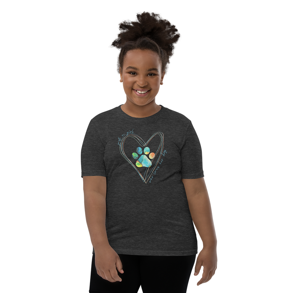 Thumbnail: Girl wearing dark grey heather youth t-shirt with colorful watercolor paw print  with ‘just a girl who loves her dog’