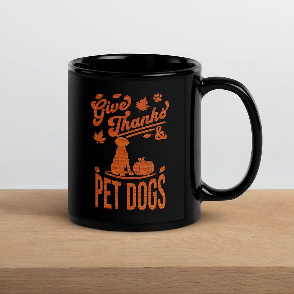 Thumbnail: Black ceramic Thanksgiving mug with red/orange autumn design with dog, pumpkin, leaves, and “Give Thanks & Pet Dogs"