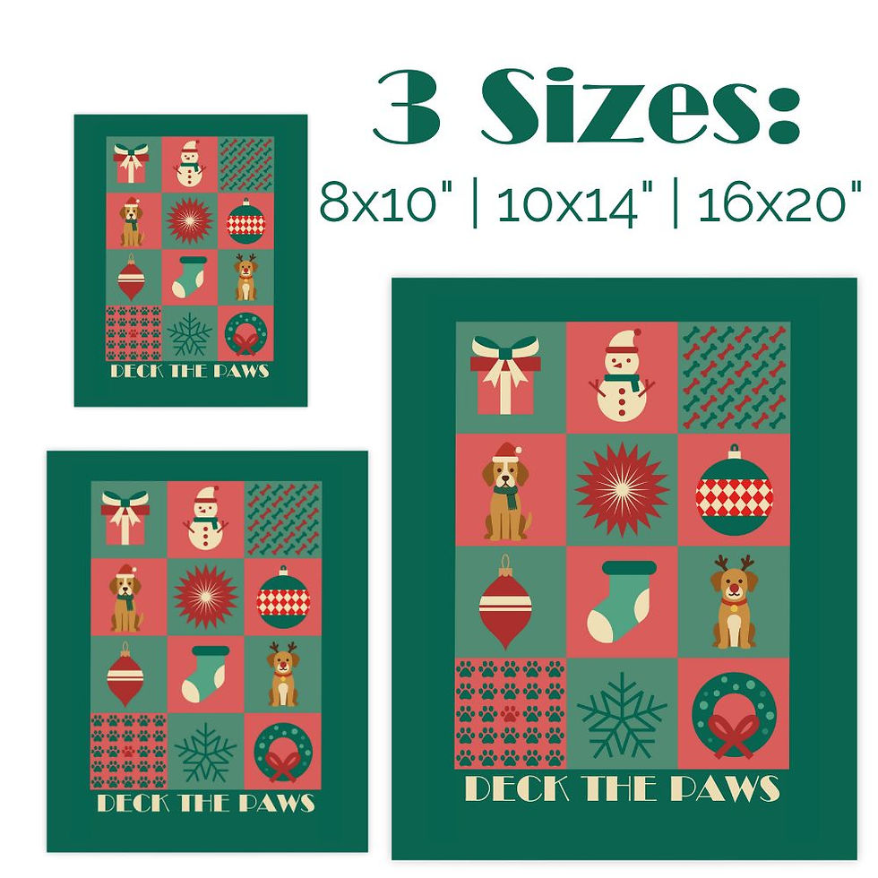 Deck the Paws printable posters showing all three sizes: 8x10, 11x14, 16x20, scaled side by side with labels