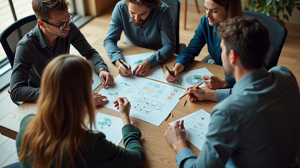 High angle view of a creative team brainstorming video concepts