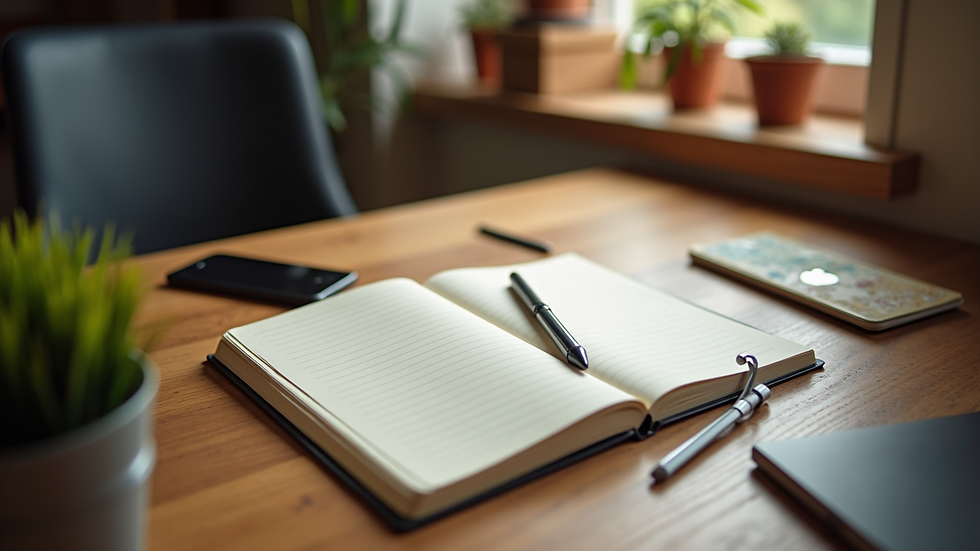 High angle view of a cozy home office setup with a notebook and pen