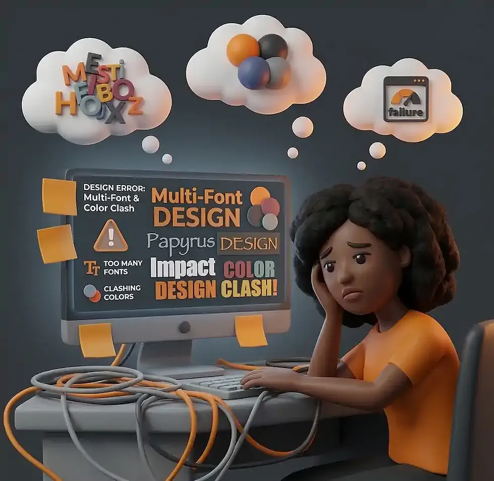 An upset person looking at a mess of designs w too many fonts and colours