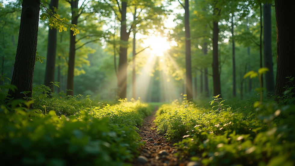Eye-level view of a lush green forest with sunlight filtering through the trees