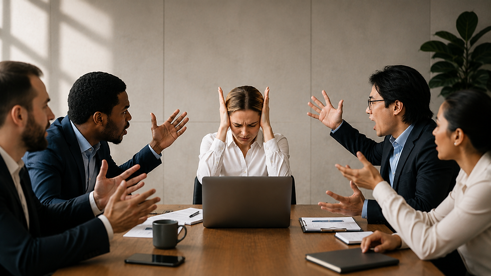 Stressed woman covering ears as colleagues argue in meeting.