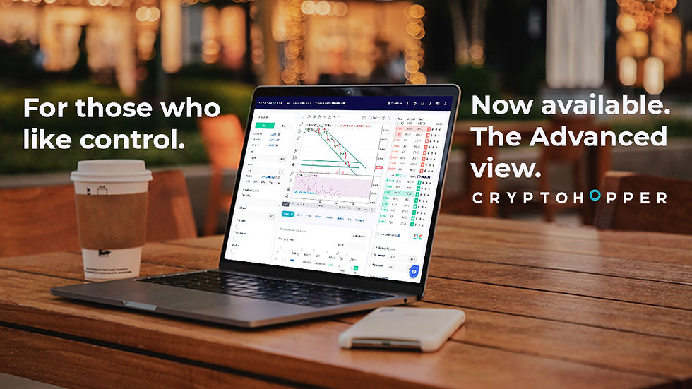 Laptop displaying a trading chart on a wooden table with coffee and phone. Text reads: "For those who like control. Now available. The Advanced view. CRYPTOPHOPPER."