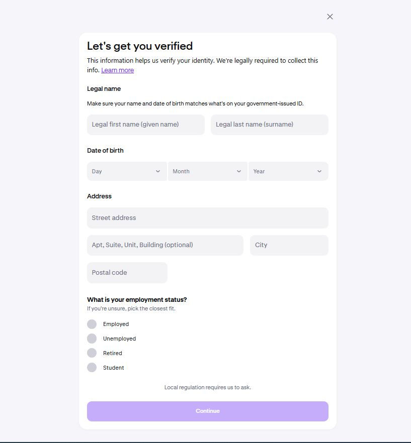 Identity verification form with name, birth date, address and employment fields, plus a purple Continue button on a white modal.