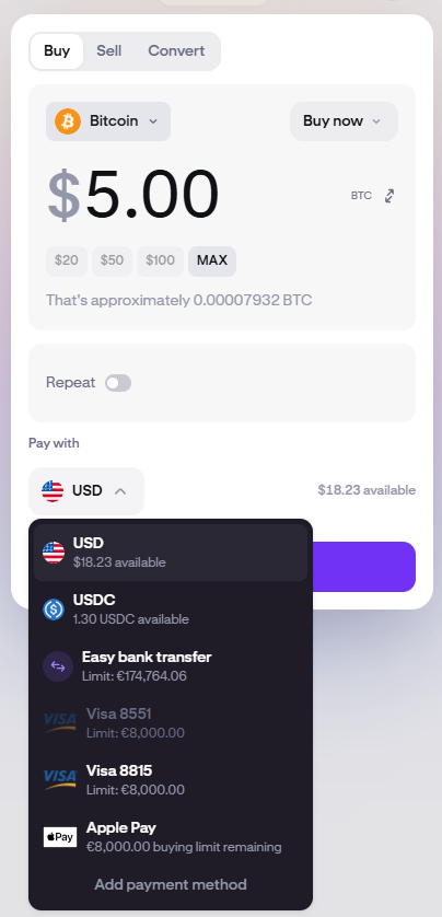 Crypto buy screen for Bitcoin at $5, with USD payment dropdown open showing USDC, bank transfer, Visa, and Apple Pay.