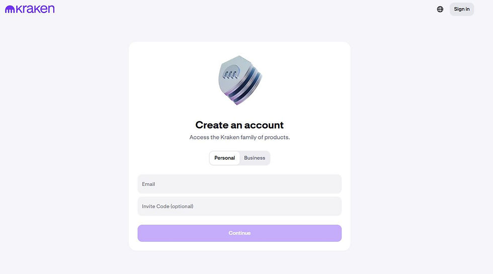 Kraken sign-up page with Create an account form, Personal/Business tabs, email and invite code fields, and a purple Continue button.
