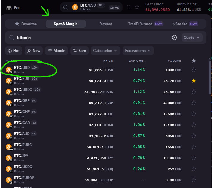 Bitcoin trading screen with BTC/USD highlighted, green arrow and circle, search for bitcoin, prices and market list on dark UI.