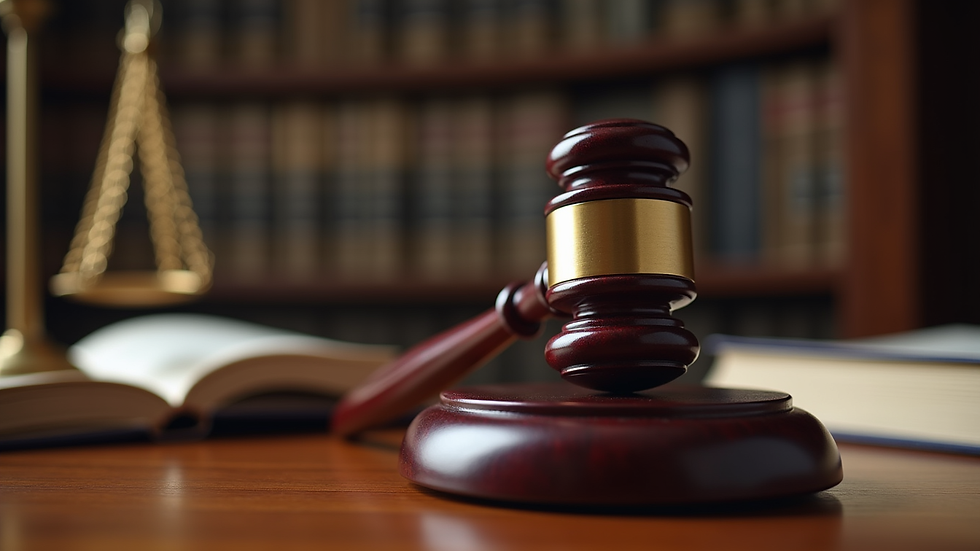 Close-up view of a judge's gavel and legal books