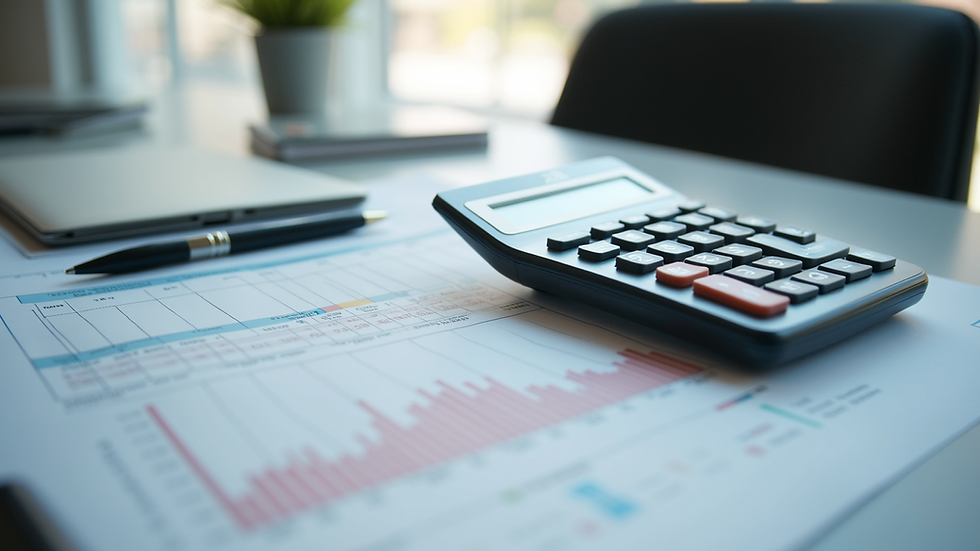 High angle view of a calculator and financial documents on a table