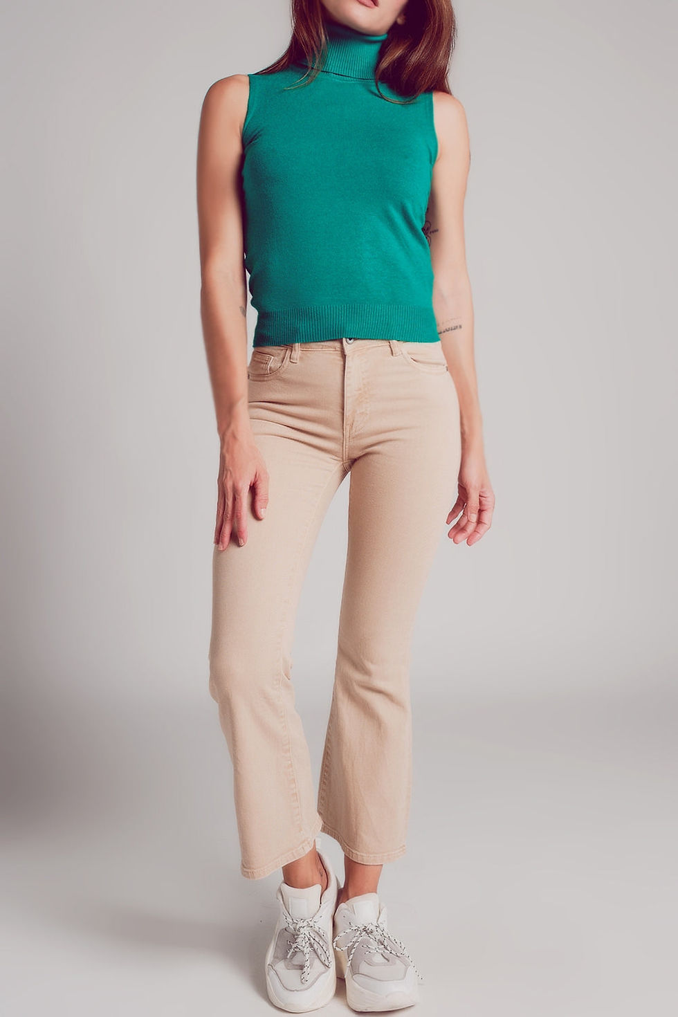 Thumbnail: Sand High-Waisted Flare Jeans – Neutral Tone, Retro Silhouette
