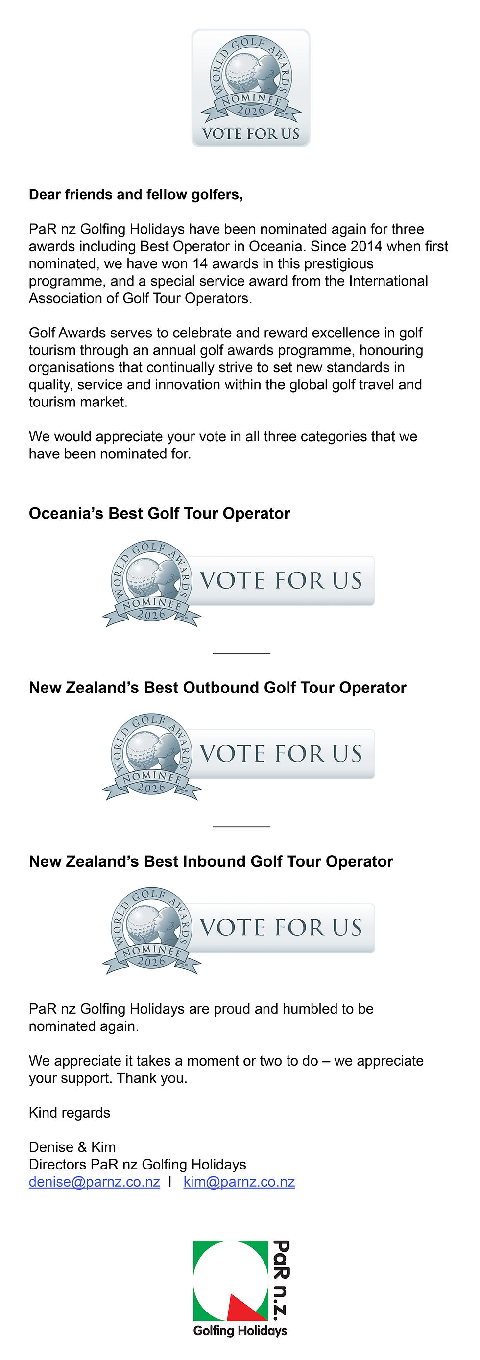              Nominated World Golf Awards