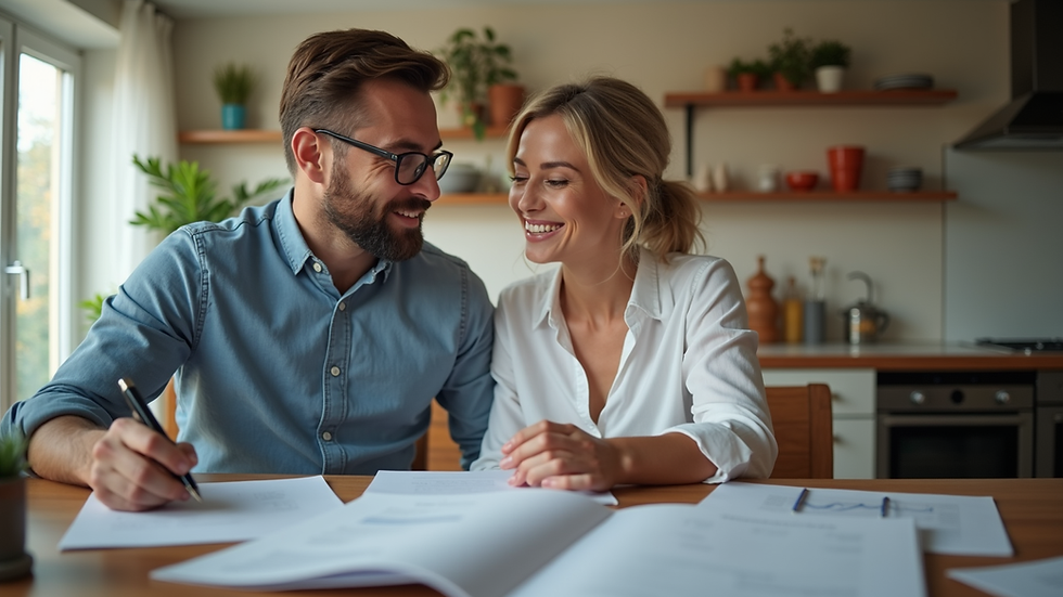 Vue rapprochée d'un couple examinant des documents financiers à leur table de cuisine