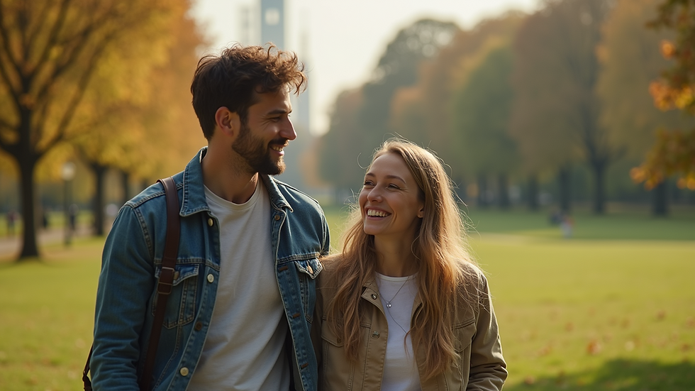 Eye-level view of a couple laughing together in a scenic park