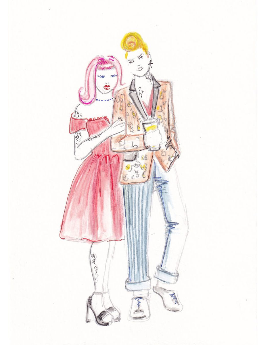 Wedding guest illustration at a Rockabilly themed wedding featuring  a couple in a fashion illustration style