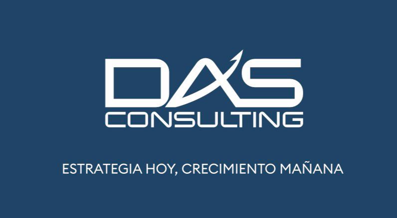 Nuevo logo de DAS Consulting en blanco sobre fondo azul corporativo