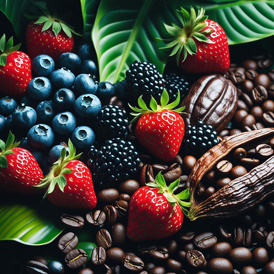 Berries, strawberries, blueberries, black berries coffee beans, cocoa pods and sugar all t