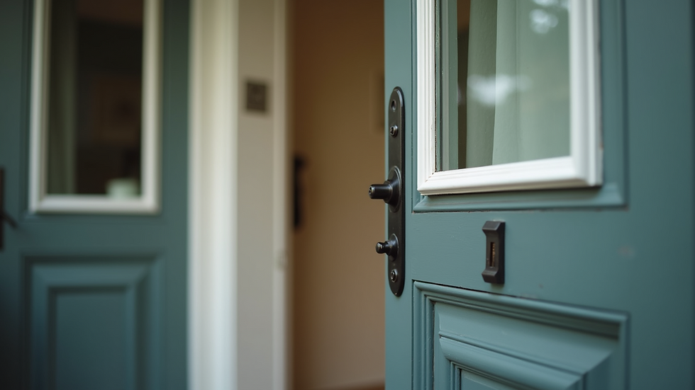 Eye-level view of a home with a secure front door and window locks