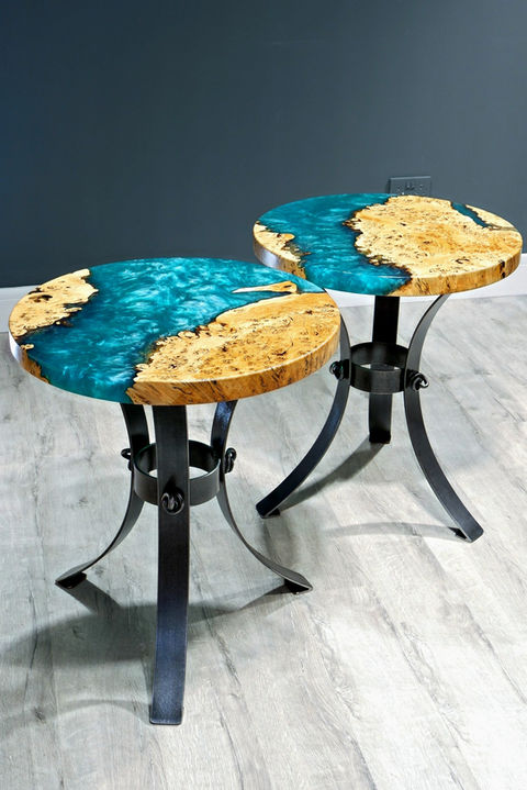 Scottish Oak lamp table with a sea green resin and hand forged steel base.