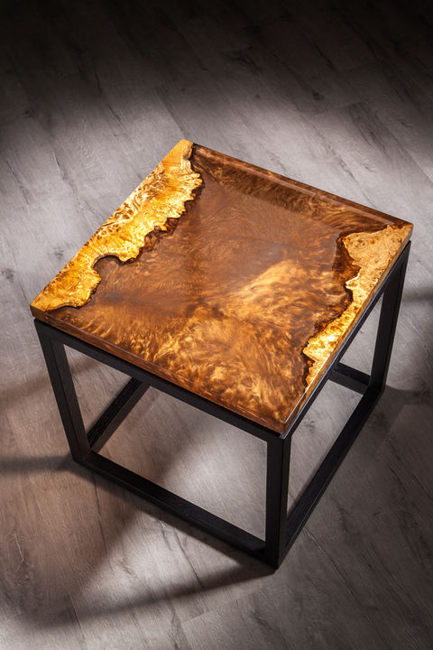 Scottish Oak lamp table with a river of copper resin and cuboid base.