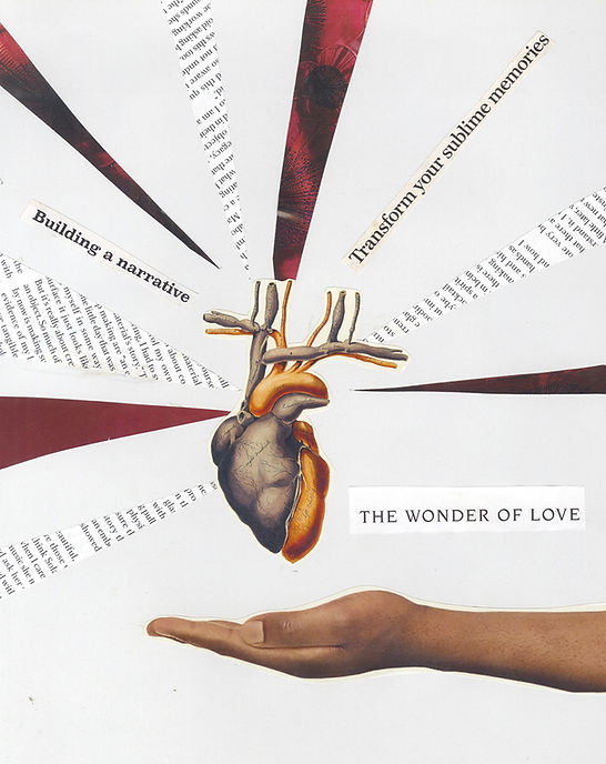 This image features a human heart suspended above an outstretched hand, with various elements radiating outwards. The rays emanating from the heart are made of text and patterns, with phrases like "Building a narrative" and "Transform your sublime memories" scattered among them. The central theme is captured by the text "THE WONDER OF LOVE," suggesting that love is a powerful and transformative force, capable of shaping narratives and memories. The imagery and text together evoke a sense of wonder and the deep, complex nature of love.
