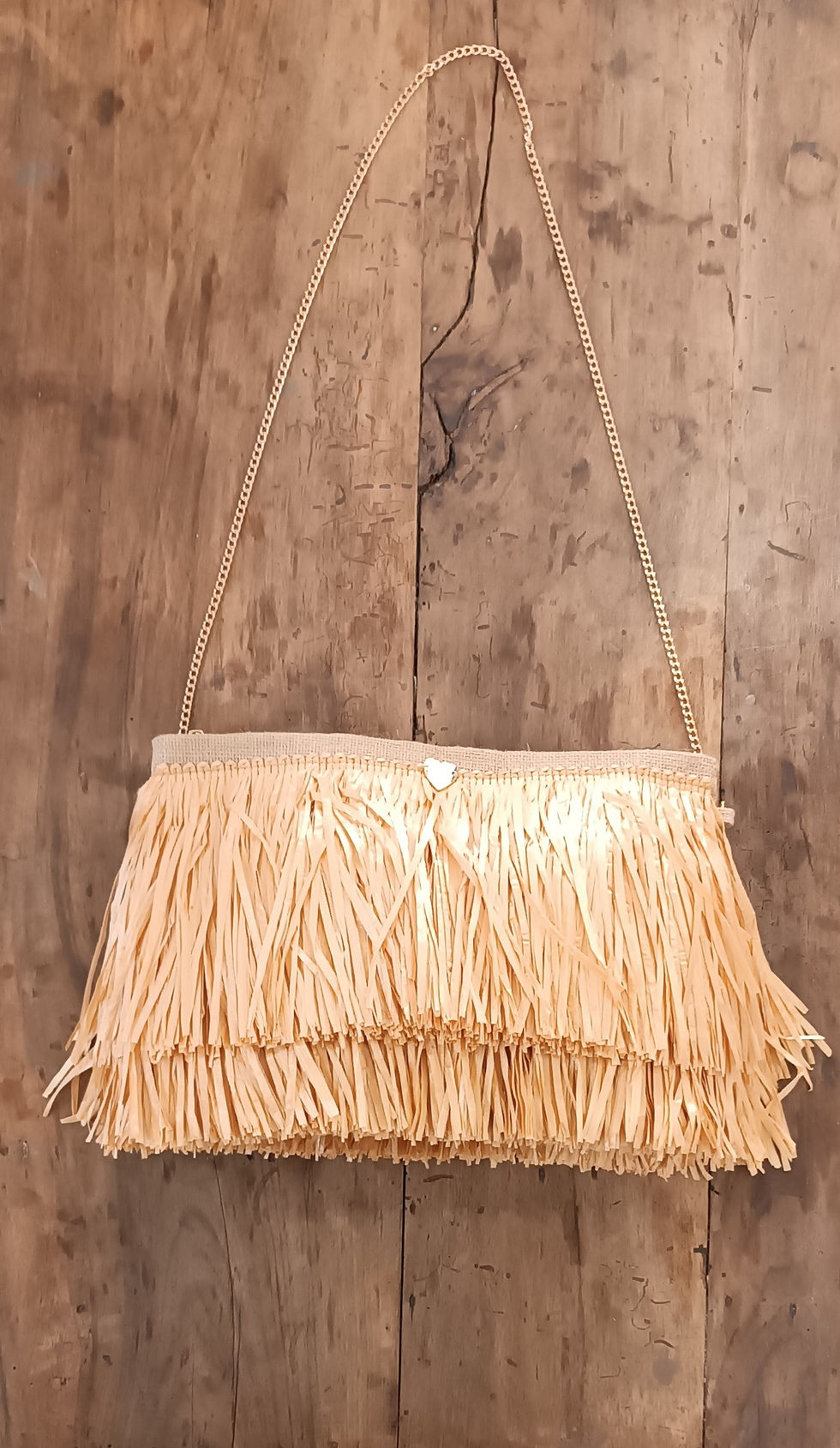 Miniatura: Borsa  rafia con frange e tracolla oro