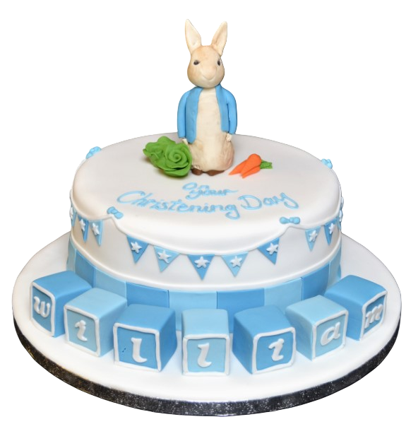Bespoke Peter Rabbit celebration cake with colorful blocks, crafted in Solihull, West Midlands.