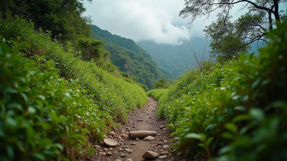 Eye-level view of a trekking path surrounded by lush greenery on Kalsubai trail