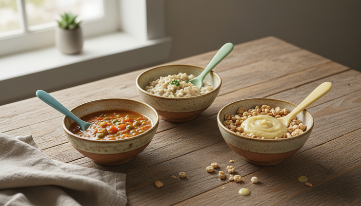 Wide-angle view of three small baby meal bowls showing soup cereal pasta and breakfast cereal