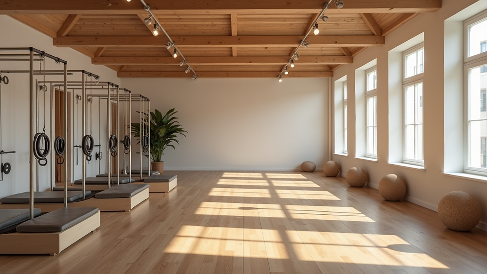 Wide angle view of a modern Pilates studio