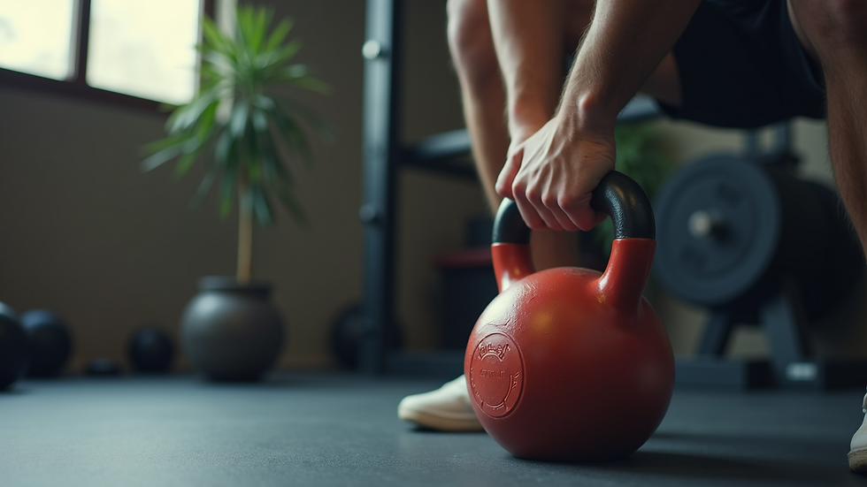 Close-up of a person performing functional training, squatting with a kettlebell.