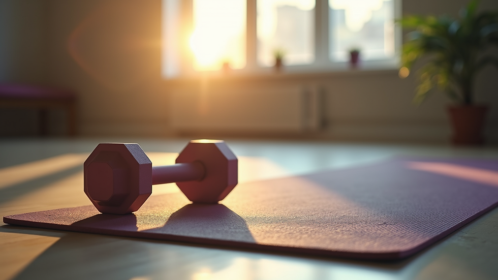 Close-up view of a morning workout setup with a yoga mat and dumbbells
