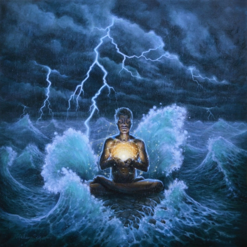 A person meditates, holding a glowing orb amidst stormy seas. Lightning strikes in dark clouds above, creating a mystical, powerful scene.