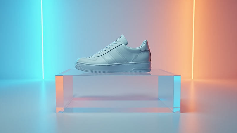 White sneaker on a display stand with neon lighting