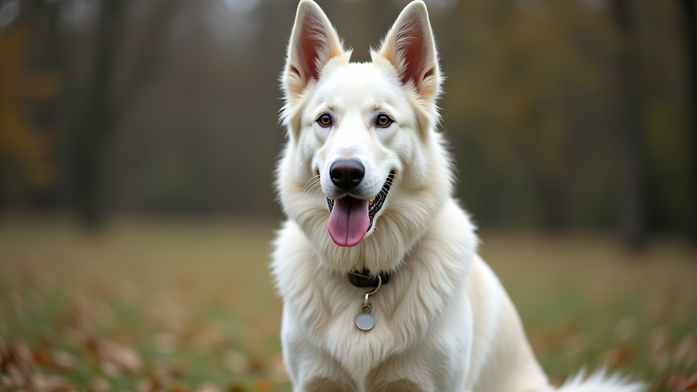 Eye-level view of a White Swiss Shepherd sitting attentively