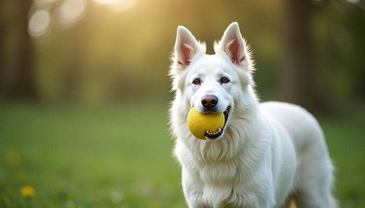 Close-up eye-level view of Uran holding a bright yellow ball in his mouth, standing on green grass