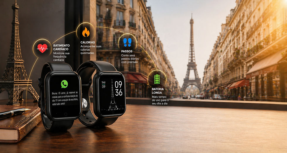 Smartwatch em Paris destacando funções de saúde e notificações.