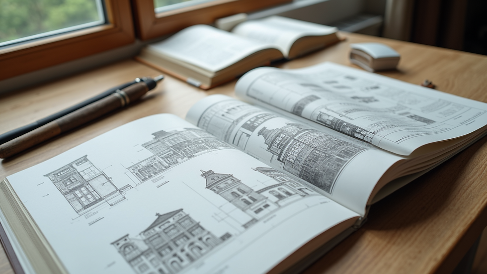 High angle view of architectural books and design tools