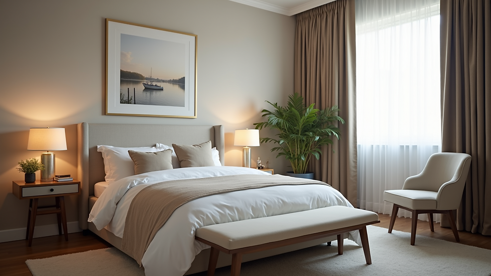 Eye-level view of a well-decorated bedroom with modern furnishings