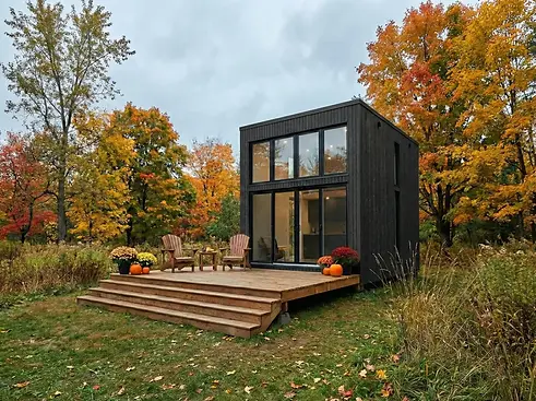 Moodulmaja Tuhkana 1.0 on kaasaegne tumehalli puitfassaadiga kõrge moodulmaja sügiseses me